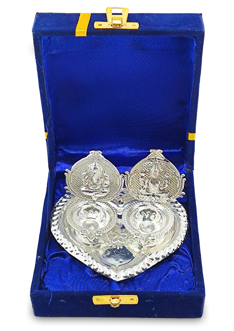 NOBILITY Silver Plated Diya with Blue Velvet Gift Box Ganesh Lakshmi Design Idol Dia Pooja Items Diwali Decoration Puja Gifts Handmade Oil Lamp Traditional Indian Deepawali Gift Items