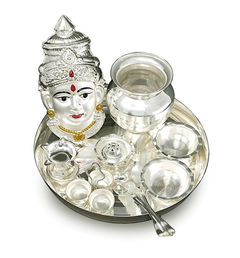 NOBILITY Silver Plated Pooja thali Set with Varalakshmi Devi Mukhota Idol Statue