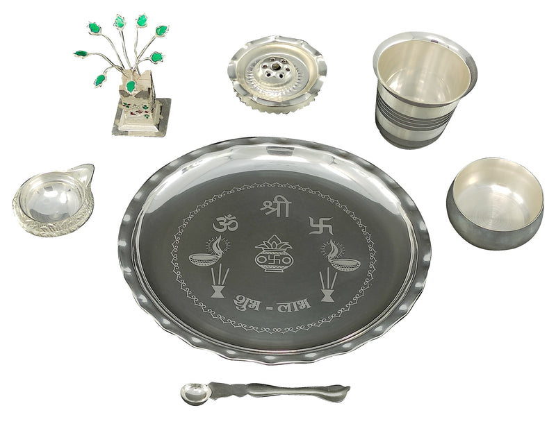 NOBILITY Silver Plated Pooja thali Set 8 Inch with Plate Bowl Glass Palli Agarbatti Stand Kuber Diya Tulsi Idol Puja Thali for Diwali Home Mandir Office Wedding Return Gift Items