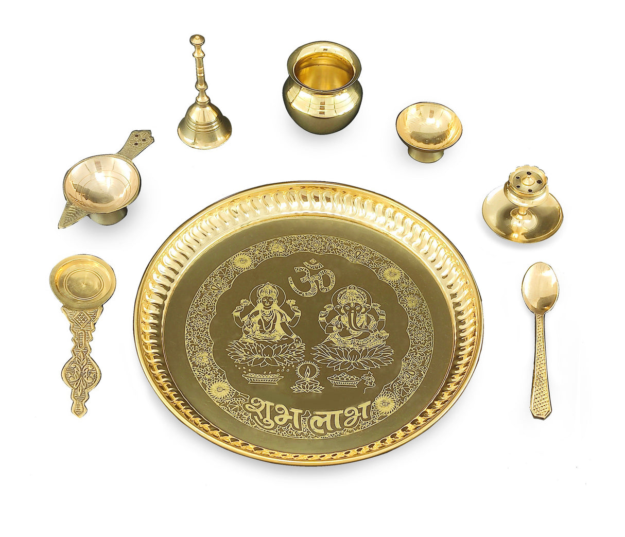 NOBILITY Brass Pooja thali Set 8 Inch with Pital Puja Plate Kalash Spoon Diya Bowl Dhup Dan Ghanti Kappur Dan Daily Arti Thali for Diwali Home Mandir Office Wedding Return Gift Items