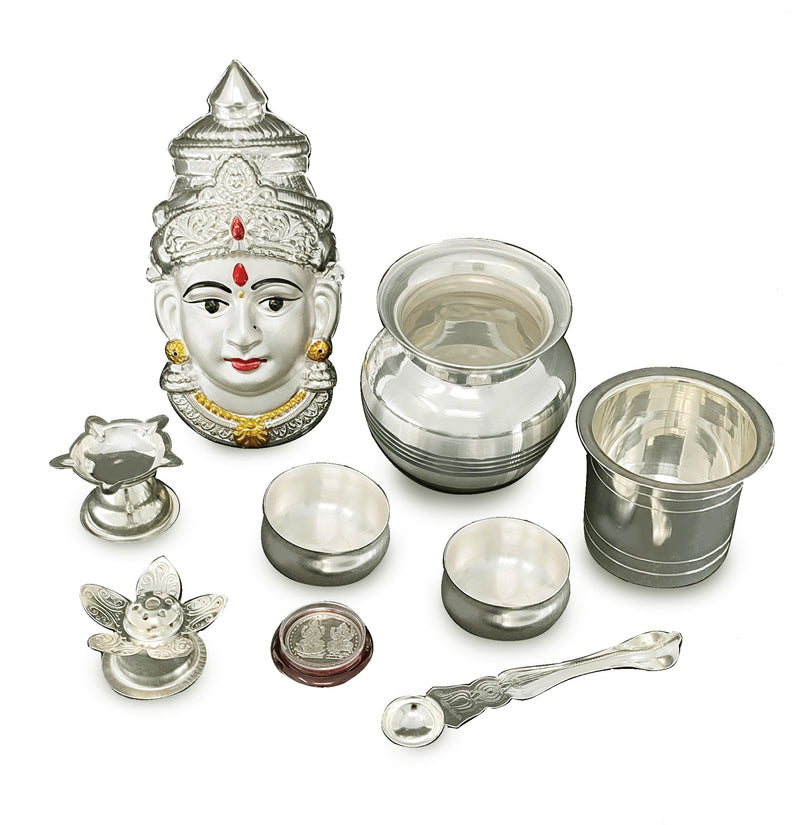 NOBILITY Silver Plated Pooja thali Set with Varalakshmi Devi Mukhota Idol Statue