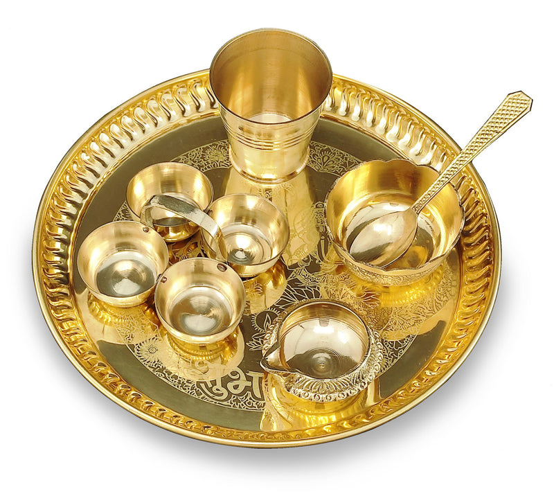 NOBILITY Brass Pooja thali Set 8 Inch with Pital Plate Glash Spoon Diya Bowl Dhup Dan Haldi Kumkum Holder Puja Arti Thali for Diwali Home Mandir Office Wedding Return Gift Items