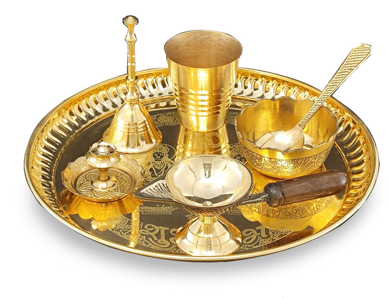 NOBILITY Brass Pooja Thali Set 8 Inch with Pital Puja Plate Glass Bowl Spoon Diya Ghanti Dhup Dan Arti Thali for Diwali Home Office Mandir Wedding Return Gift Items