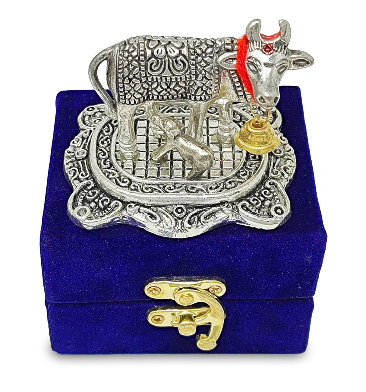 NOBILITY Small Kamdhenu Cow with Calf Metal Statue with Blue Gift Box Decorative Item Showpiece for Home Office Diwali Decoration Items Wedding Return Gifts