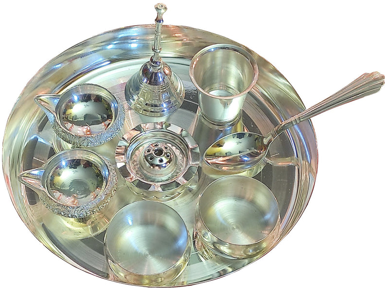 NOBILITY Silver Plated Pooja Thali Set 08 Inch with Accessories Ethnic Puja Thali for Diwali, Home, Temple, Office, Wedding Gift