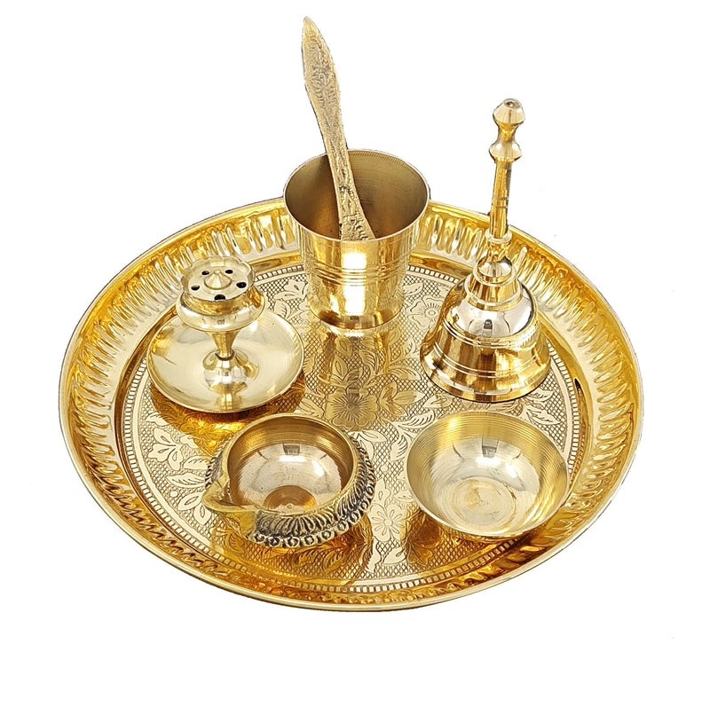 NOBILITY Brass Pooja Thali Set 7 Inch with Pital Puja Plate Kalash Bowl Spoon Dhup Dan Palli Ghanti Kuber Diya Chandan Wati Arti Thali for Diwali Home Office Mandir Wedding Return Gift Items