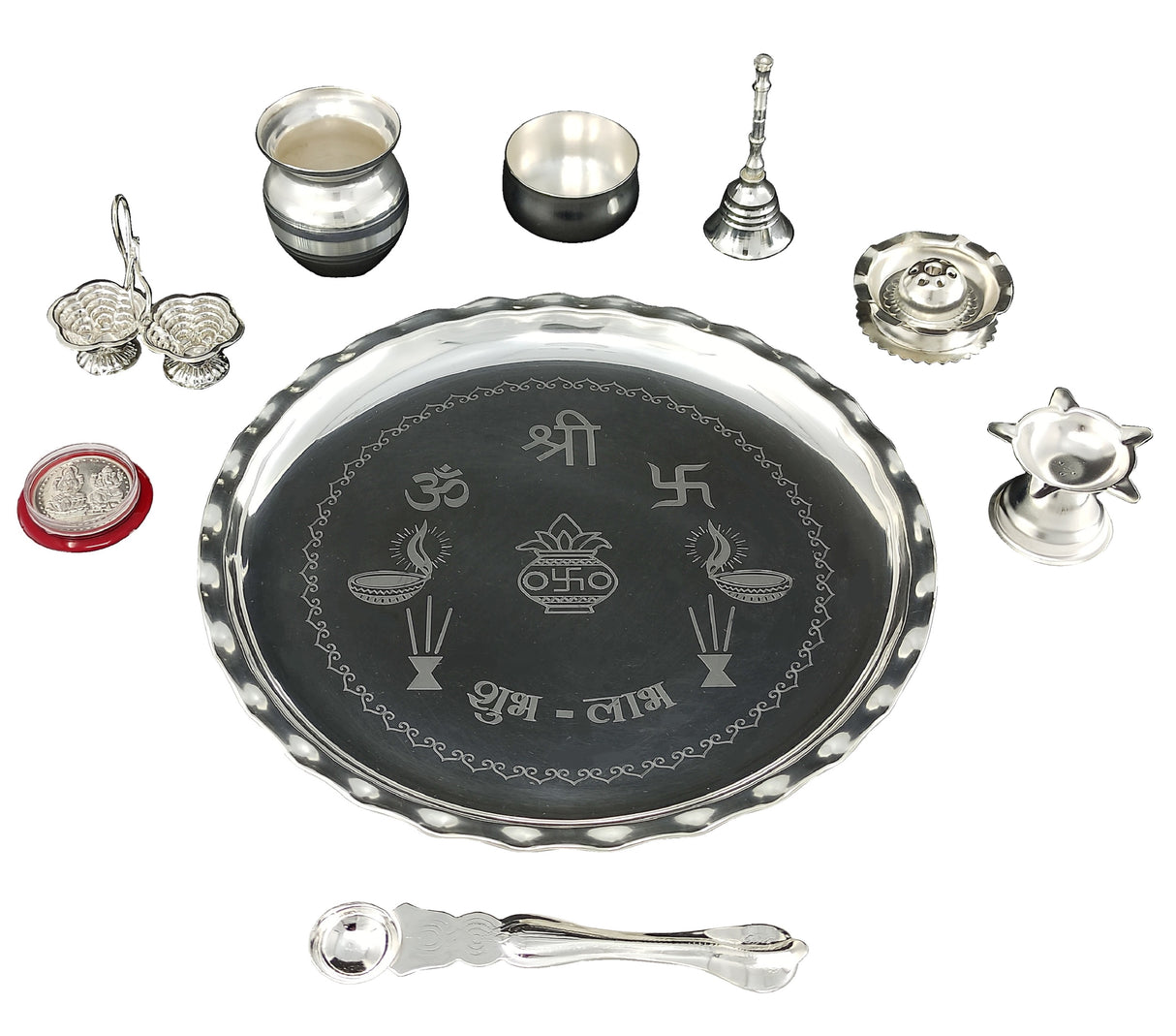 NOBILITY Silver Plated Pooja Thali Set 9.5 Inch with Plate Kalash Palli Diya Kumkum Holder Bowl Dhup Dan Coin Ghanti Puja Thali for Diwali Home Mandir Office Wedding Return Gift Items