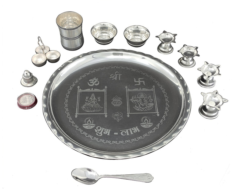 NOBILITY Silver Plated Pooja Thali Set 12 Inch with Designed Puja Thali with Glass Bowl Diya Dhup Dan Haldi Kumkum Stand Spoon Coin for Home Mandir Office Wedding Return Gift Items