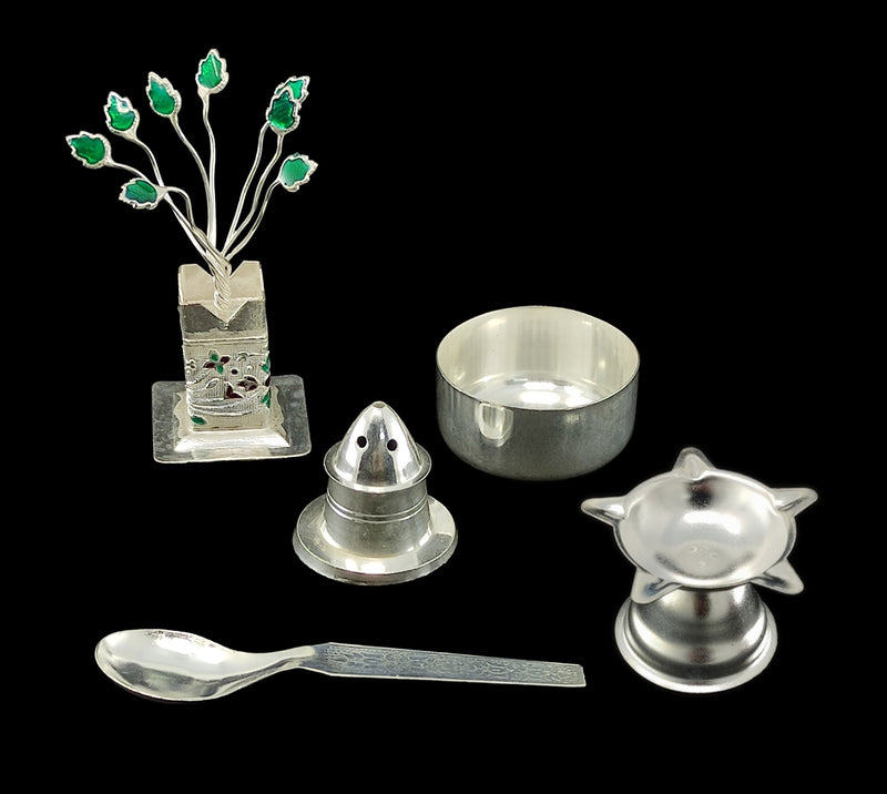 NOBILITY Silver Plated Pooja Thali Set 6 Inch with Plate Agarbatti Stand Tulsi Idol Bowl Spoon Diya Puja Decorative Items for Home Mandir Office Wedding Return Gift Items