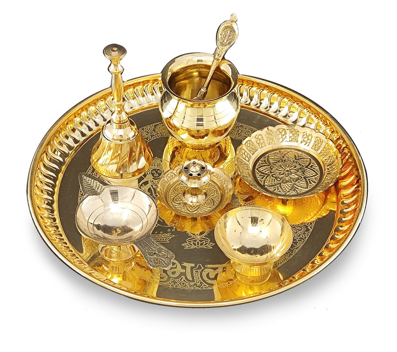 NOBILITY Brass Puja Thali Set 8 Inch Pooja Thali with Pital Plate Kalash Kangura Plate Palli Diya Ghanti Dhup Dan Chandan Wati Arti Thali for Diwali Home Office Mandir Wedding Return Gift Items