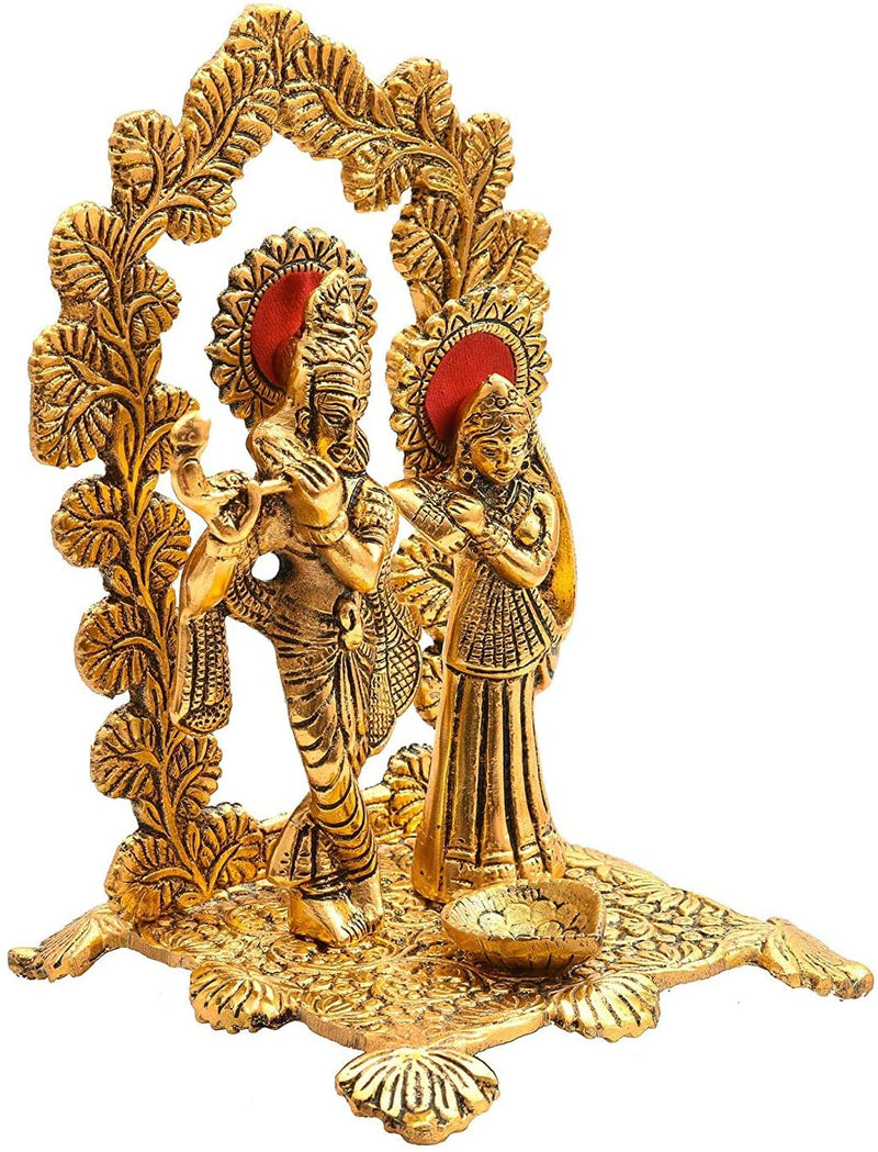 NOBILITY Radha Krishna Idol Statue Metal Gold Plated with Diya Peacock Design Hindu Religious Radha Krishan Showpiece Figurine for Janmashtami Home Temple Pooja Decor Wedding Return Gifts