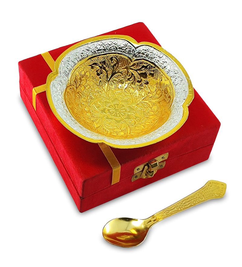 NOBILITY Bowl Spoon Set Gold and Silver Plated Leaf Shaped Designed with Velvet Box Dry Fruit Dessert Serving Sets Friends Family Home Decorative Corporate Gifts Wedding Return Gift