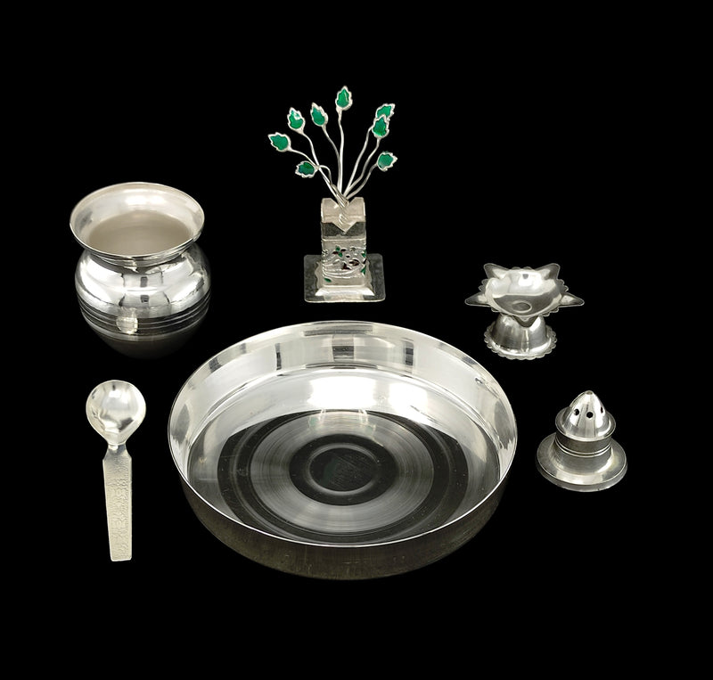 NOBILITY Silver Plated Pooja Thali Set 5 Inch Plate Agarbatti Stand Kalash Spoon Diya Tulsi Idol Premium Puja Decorative for Home Office Wedding Return Gift Items