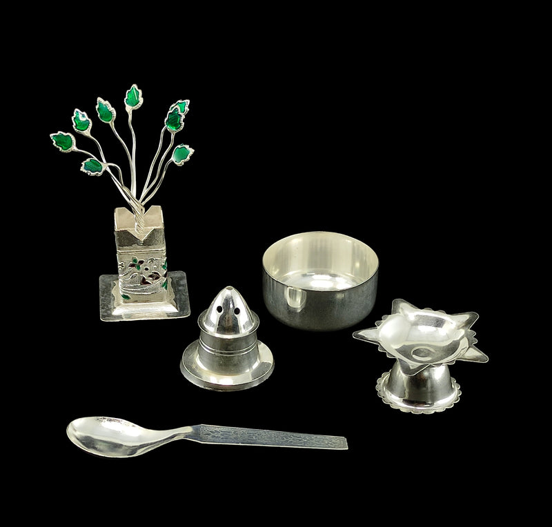 NOBILITY Silver Plated Pooja Thali Set 5 Inch Plate Agarbatti Stand Tulsi Idol Bowl Spoon Diya Puja Decorative for Home Office Wedding Return Gift Items