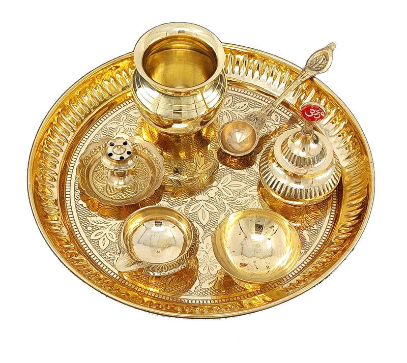 NOBILITY Brass Pooja Thali Set 7 Inch with Pital Puja Plate Kalash Bowl Spoon Dhup Dan Palli Ghanti Kuber Diya Chandan Wati Arti Thali for Diwali Home Office Mandir Wedding Return Gift Items