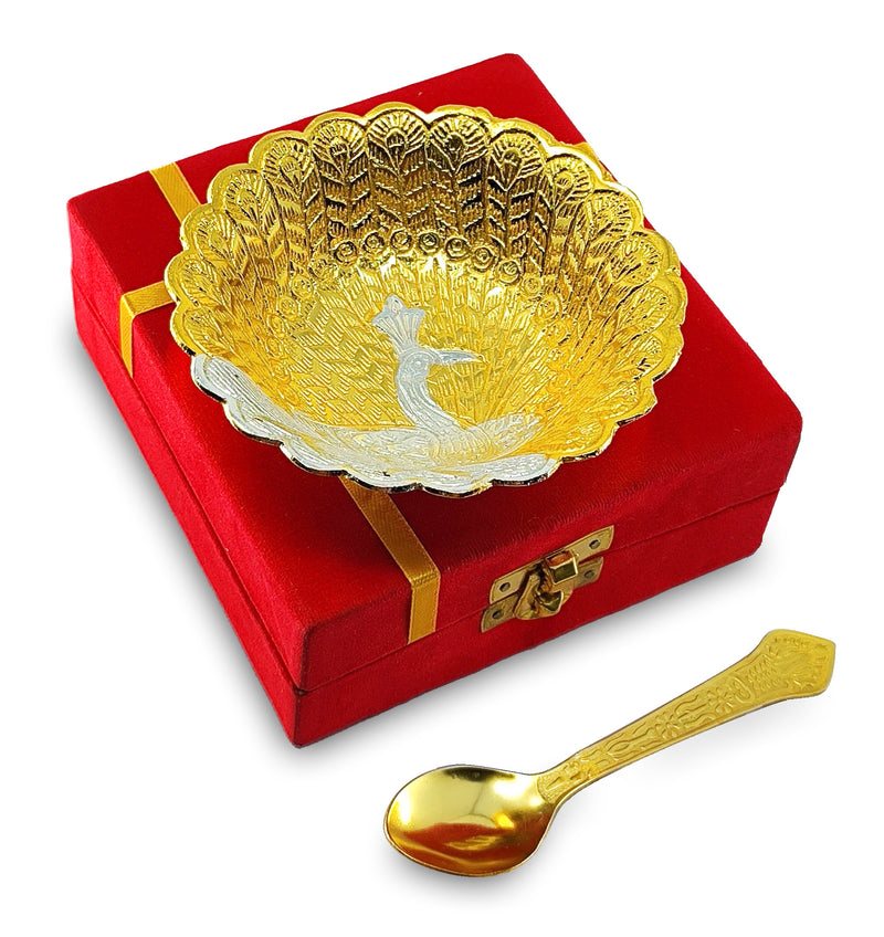 NOBILITY Bowl Spoon Set Gold and Silver Plated Leaf Shaped Designed with Velvet Box Dry Fruit Dessert Serving Sets Friends Family Home Decorative Corporate Gifts Wedding Return Gift