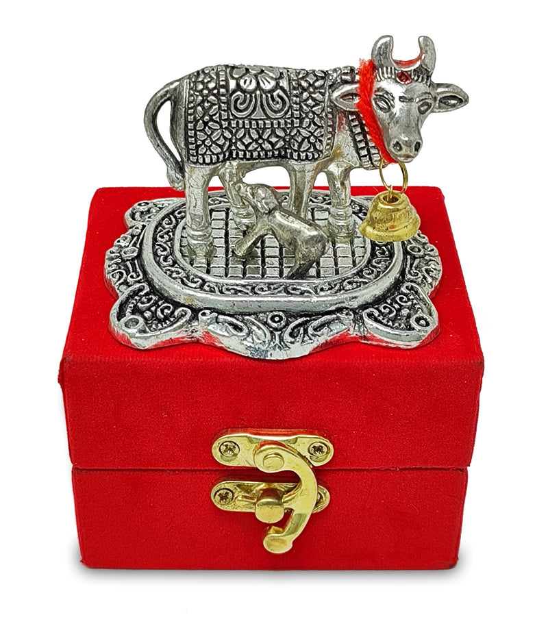 NOBILITY Small Kamdhenu Cow with Calf Metal Statue with Red Velvet Gift Box Decorative Item Showpiece for Home Office Diwali Decoration items Wedding Return Gifts