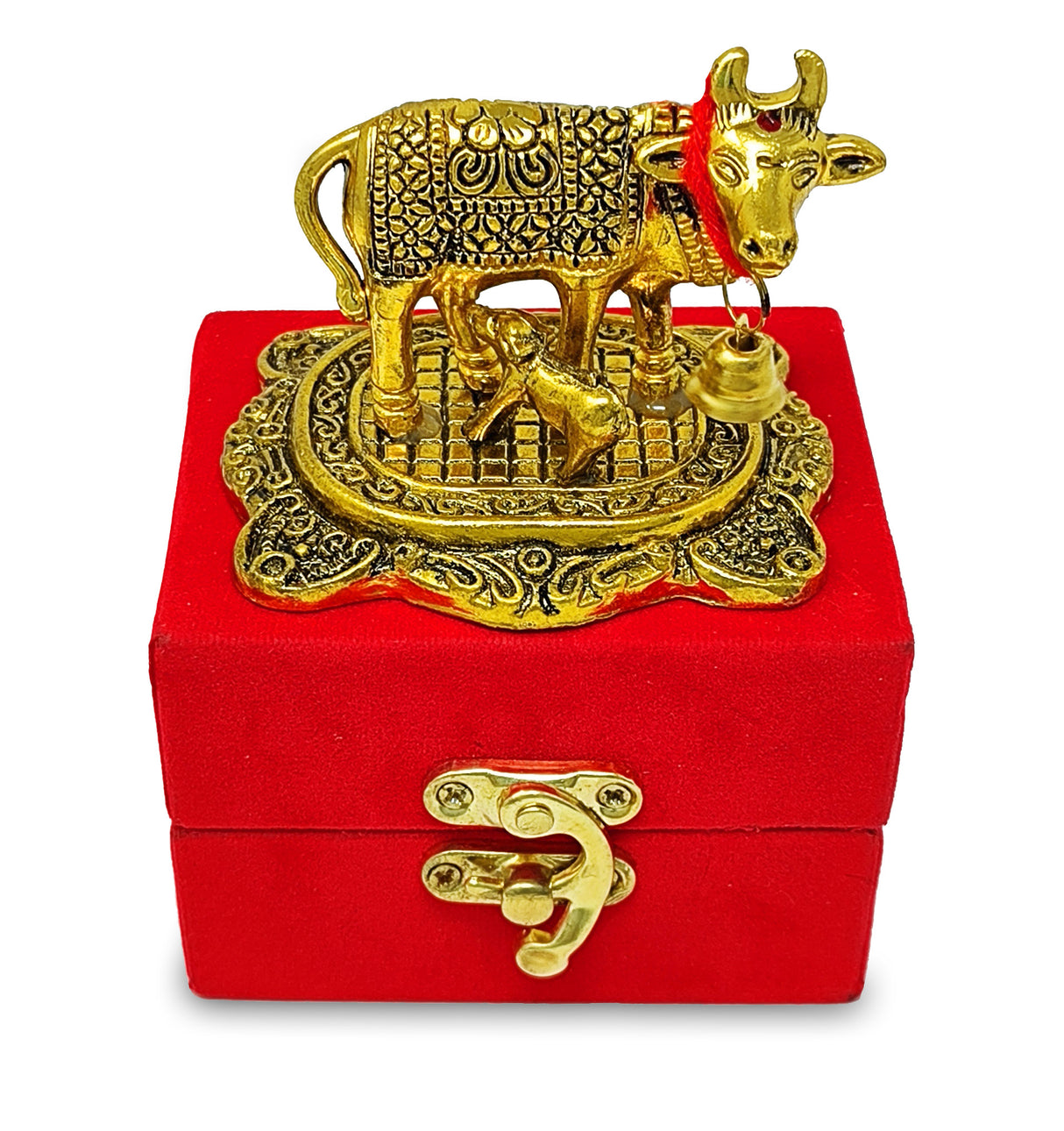 NOBILITY Golden Small Kamdhenu Cow with Calf Metal Statue with Red Gift Box Decorative Item Showpiece for Home Office Diwali Decoration Items Wedding Return Gifts