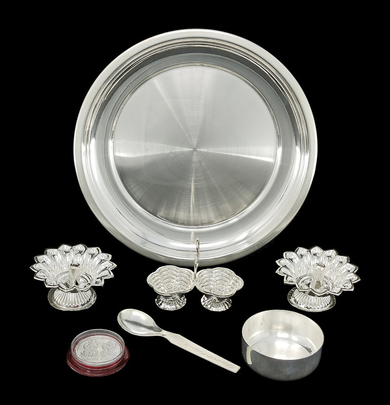 NOBILITY Silver Plated Pooja Thali Set 07 Inch with Coin and Accessories Daily Puja Decorative Items for Home Mandir Office Wedding Return Gift