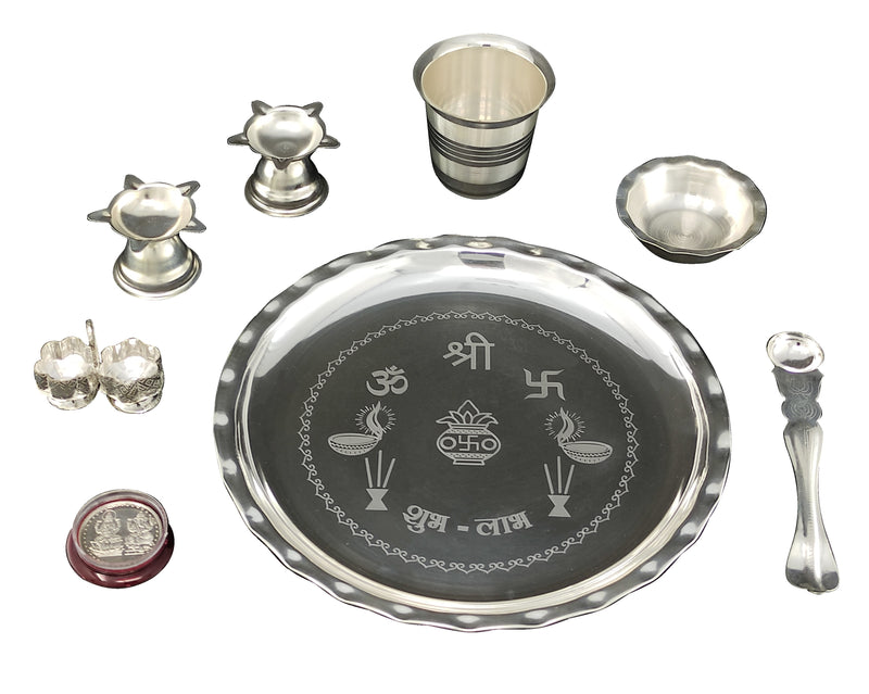 NOBILITY Silver Plated Pooja thali Set 8 Inch with Plate Bowl Glass Palli Diya Coin Puja Thali for Diwali Home Office Mandir Wedding Return Gift Items