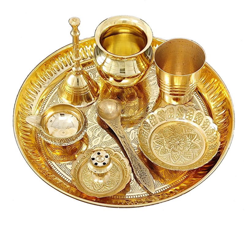 NOBILITY Brass Pooja Thali Set 7 Inch with Pital Puja Plate Kalash Bowl Spoon Dhup Dan Palli Ghanti Kuber Diya Chandan Wati Arti Thali for Diwali Home Office Mandir Wedding Return Gift Items