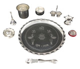 NOBILITY Silver Plated Pooja Thali Set 9.5 Inch with Plate Kalash Palli Diya Kumkum Holder Bowl Dhup Dan Coin Ghanti Puja Thali for Diwali Home Mandir Office Wedding Return Gift Items