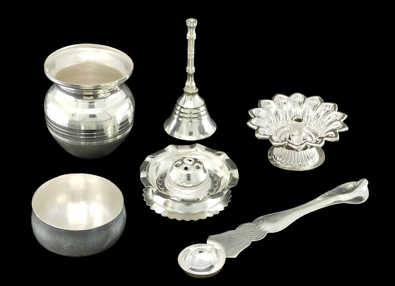 NOBILITY Silver Plated Pooja thali Set 7 Inch Festival Ethnic Puja Thali Items for Diwali Daily Home Mandir Office Wedding Return Gift