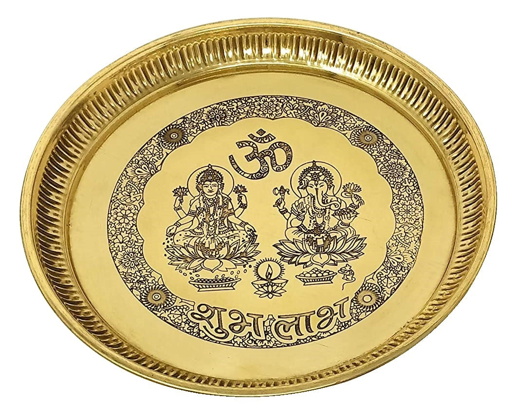 NOBILITY Brass Pooja thali Set 8 Inch Ganesha Lakshmi Design Subh Labh Puja Thali for Diwali Ganesh Festival Home Office Mandir Wedding Return Diwali Gift Items