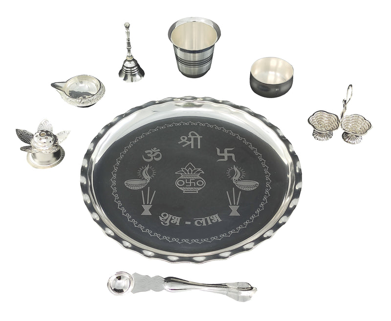 NOBILITY Silver Plated Pooja thali Set 9.5 Inch with Plate Kuber Diya Haldi Kumkum Holder Glass Bowl Agarbatti Stand Ghanti Puja Thali for Home Mandir Office Diwali Wedding Return Gift Items