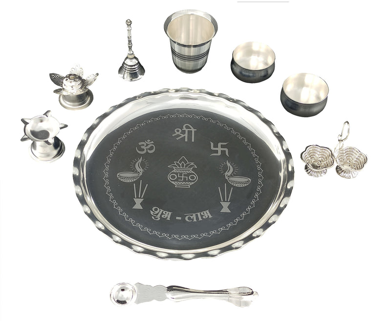 NOBILITY Silver Plated Pooja thali Set 9.5 Inch with Plate Palli Haldi Kumkum Stand Diya Glass Bowl Dhup Dan Ghanti Puja Thali for Home Mandir Office Diwali Wedding Return Gift Items