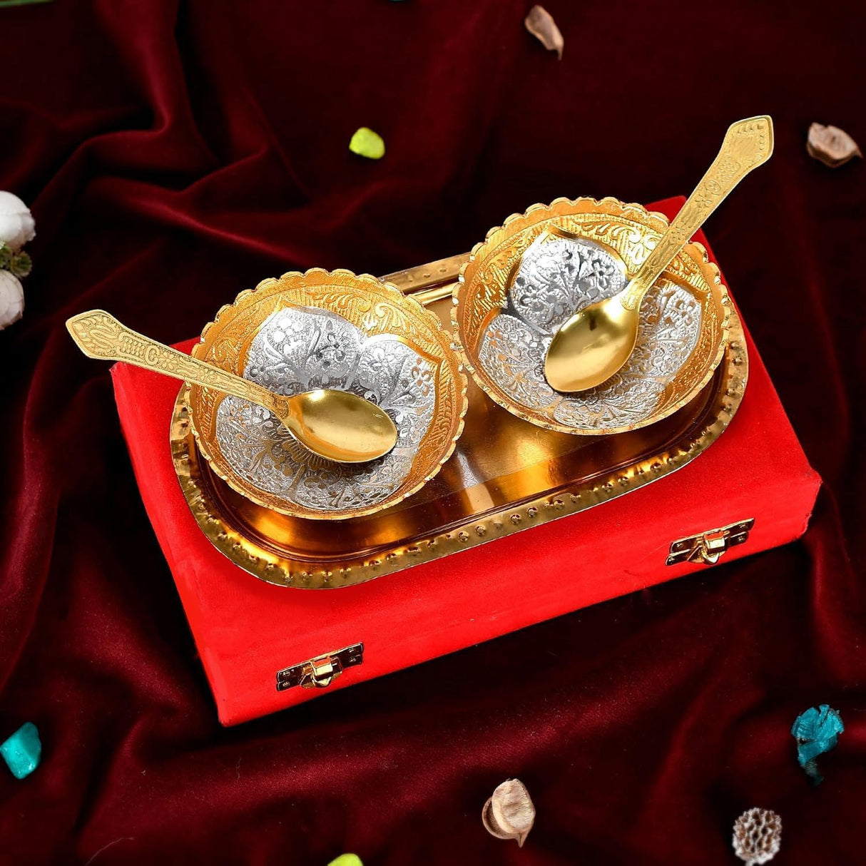 NOBILITY Bowl Spoon Tray Set Gold Silver Plated for Diwali Gift Housewarming Friends Relative Wedding Return Housewarming Gift Items