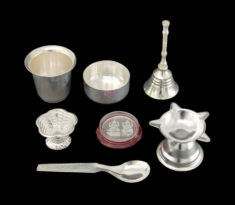 NOBILITY Silver Plated Pooja Thali Set 6 Inch Ganesh Lakshmi Coin Bowl Glass Spoon Ghanti Diya Kumkum Holder Puja Decorative Items for Home Mandir Office Wedding Return Gift Items