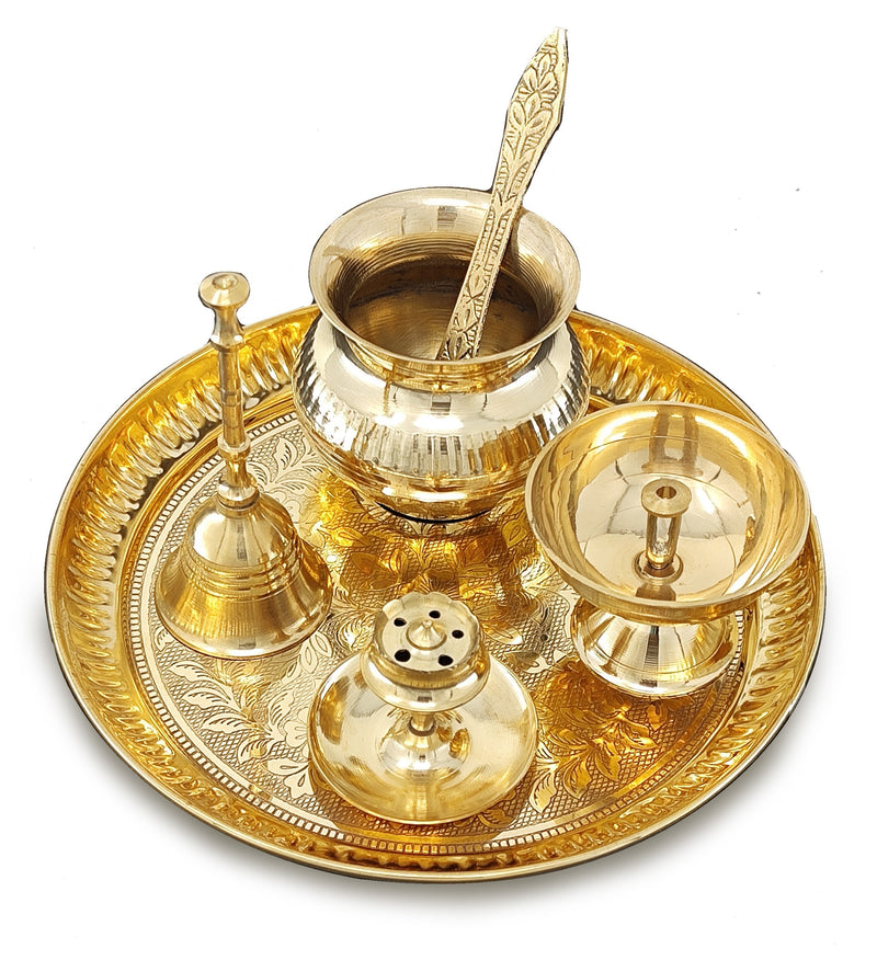 NOBILITY Brass Pooja Thali Set 7 Inch with Pital Puja Plate Kalash Bowl Spoon Dhup Dan Palli Ghanti Kuber Diya Chandan Wati Arti Thali for Diwali Home Office Mandir Wedding Return Gift Items