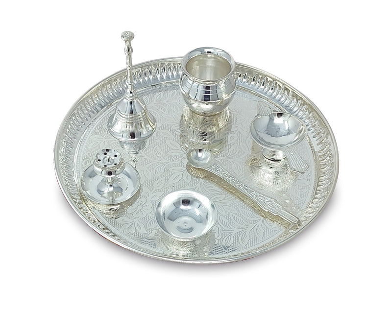 NOBILITY Pooja Thali Set Silver Plated with Blue Gift Box Designed 9 Inch Puja Plate Kalash Bowl Ghanti Spoon Dhup Dan Diya for Home Office Diwali Wedding Return Gift Items