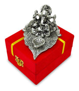 NOBILITY German Silver Diya Ganesha on Leaf Oil Lamp Statue Idol with Red Velvet Gift Box Pooja Items Diwali Decoration Puja Gifts Handmade Oil Lamp Traditional Indian Deepawali Gift Items