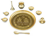 NOBILITY Brass Pooja thali 8 Inch with Kalash Kuber Diya Ghanti Spoon Bowl Dhup Dan Ganesh Lakshmi Design Puja Thali Set Festival Home Office Mandir Diwali Wedding Return Gift Items