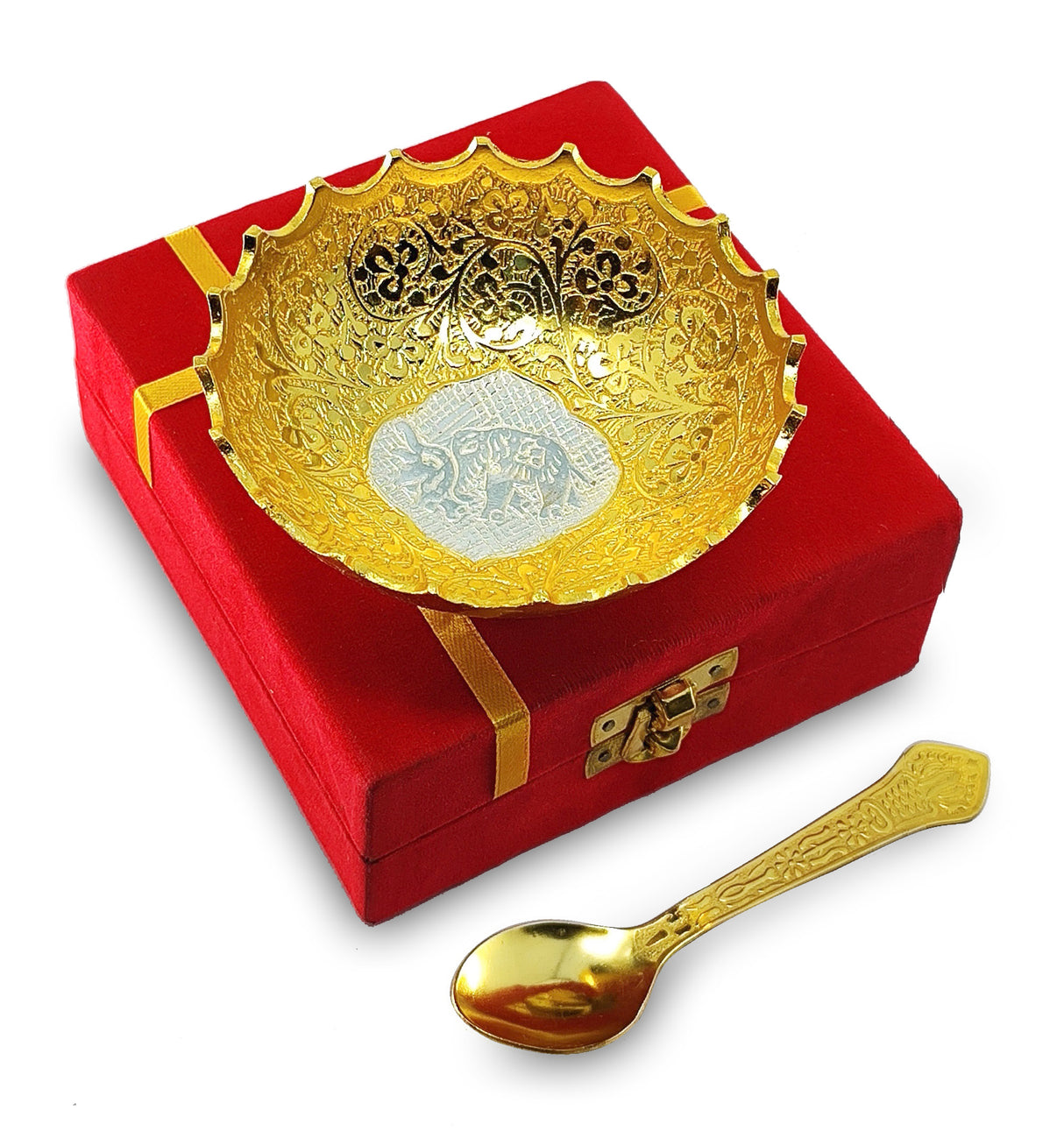 NOBILITY Silver Plated Bowl Spoon Set Light Weight with Red Box Dessert Dry Fruits Serving Wedding Return Gifts Diwali Christmas Eid Friends Family Home Decoration Corporate Gift Items