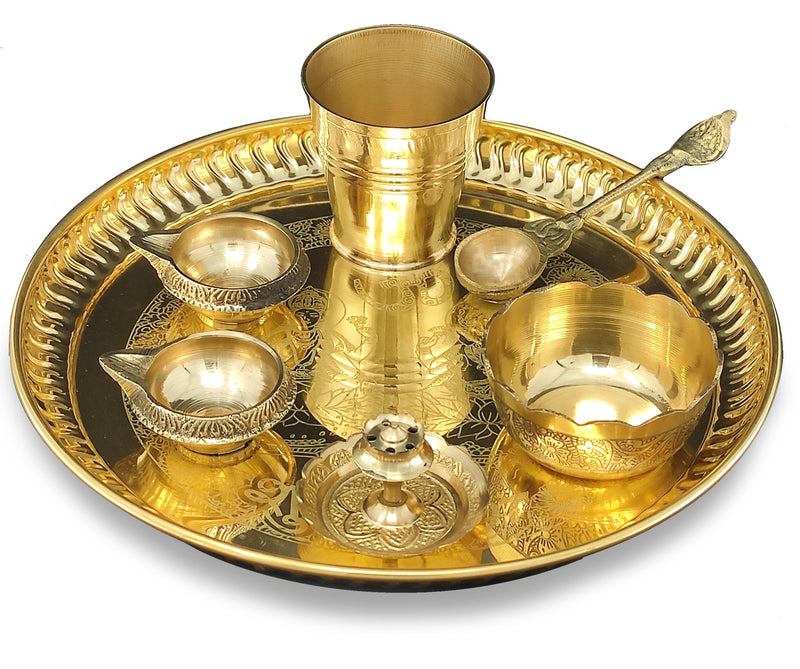 NOBILITY Brass Pooja Thali Set 8 Inch with Pital Plate Glass Nag Archmini Spoon Kuber Diya Dhup Dan Puja Thali for Diwali Home Mandir Office Wedding Return Gift Items