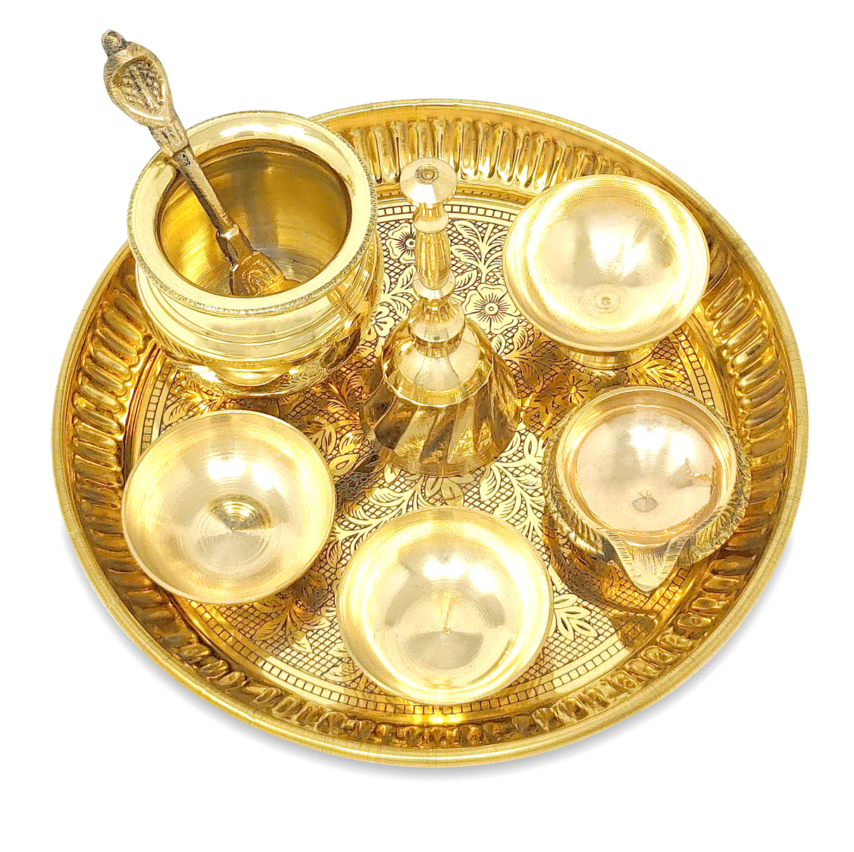 NOBILITY Brass Pooja Thali Set Small 6 Inch Puja Thali with Pital Plate Chandan Wati Kalash Kuber Diya Ghanti Palli Arti Thali for Diwali Home Office Mandir Wedding Return Gift Items