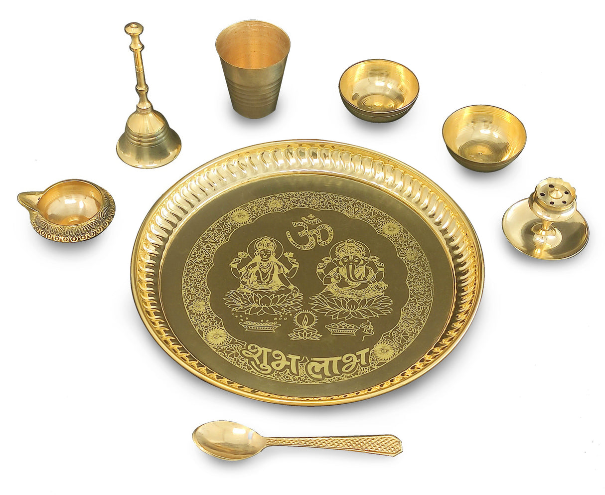 Brass Pooja thali Set 8 Inch with Pital Plate Glass Spoon Ghanti Bowl Agarbatti Stand Kuber Diya Puja Thali for Diwali Home Mandir Office Wedding Return Gift Items