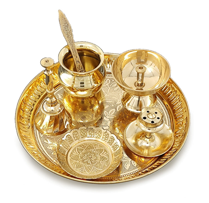 NOBILITY Brass Pooja Thali Set 7 Inch with Pital Puja Plate Kalash Bowl Spoon Dhup Dan Palli Ghanti Kuber Diya Chandan Wati Arti Thali for Diwali Home Office Mandir Wedding Return Gift Items