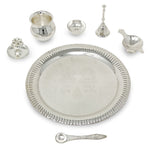 Pooja Thali Set Silver Plated with Blue Gift Box Designed 22 cm Puja Plate Kalash Bowl Ghanti Spoon Dhup Dan Diya for Home Office Diwali Wedding Return Gift Items