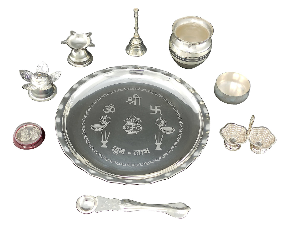 NOBILITY Pooja Thali Set Silver Plated 8 Inch with Plate Ghanti Bowl Spoon Dhup Dan Diya Kumkum Holder Coin Puja Thali for Home Mandir Office Wedding Return Diwali Gift Items