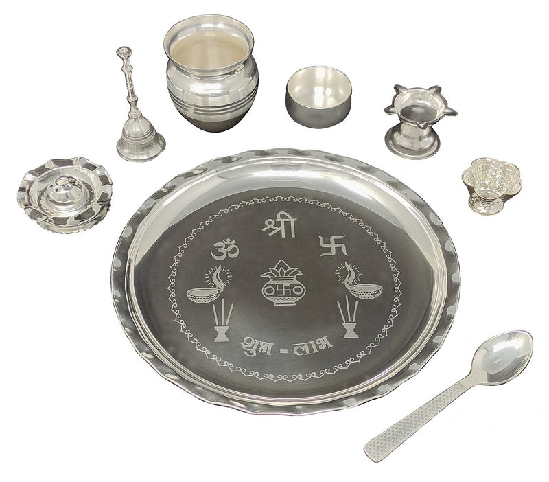 NOBILITY Silver Plated Glossy Pooja thali Set 8 Inch for Mandir Temple Festival Ethnic Puja Thali Gift for Diwali, Home, Office, Wedding Gift