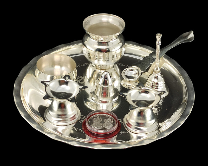 NOBILITY Silver Plated Pooja thali Set 8 Inch Plate Diya Ghanti Kalash Palli Bowl Dhup Dan Ganesh Lakshmi Coin Puja Thali for Diwali Home Mandir Office Festive Wedding Return Gift Items