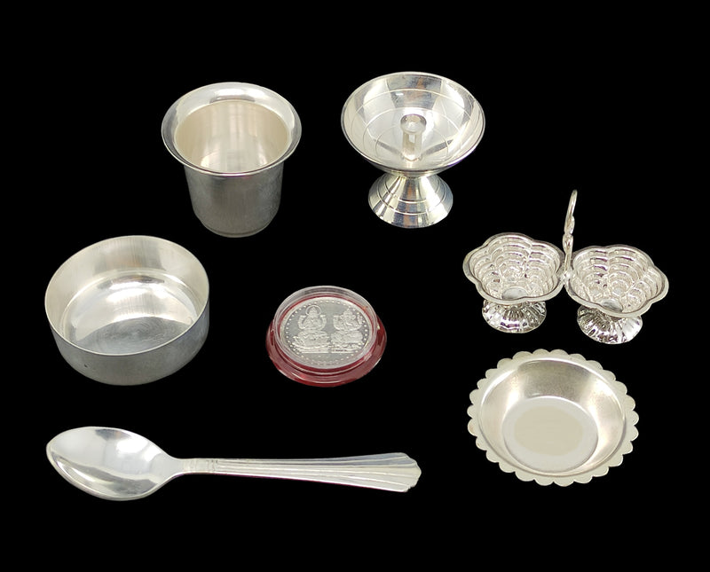 NOBILITY Silver Plated Pooja thali Set 7 Inch Plate Bowl Kumkum Holder Pyiali Diya Glass Bowl Spoon Ganesh Lakshmi Coin Puja Thali for Diwali, Home, Office, Temple, Wedding Return Gift Items