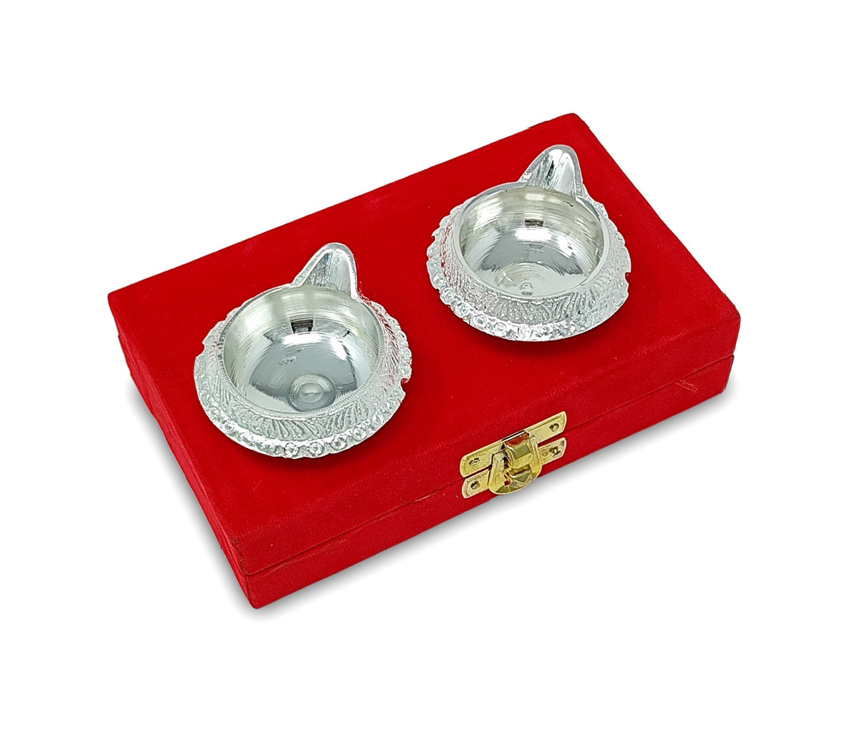 Silver Plated Kuber Diya with Red Velvet Gift Box Pooja Items Diwali Decoration Puja Gifts Handmade Daily Oil Lamp Traditional Indian Deepawali Gift Items