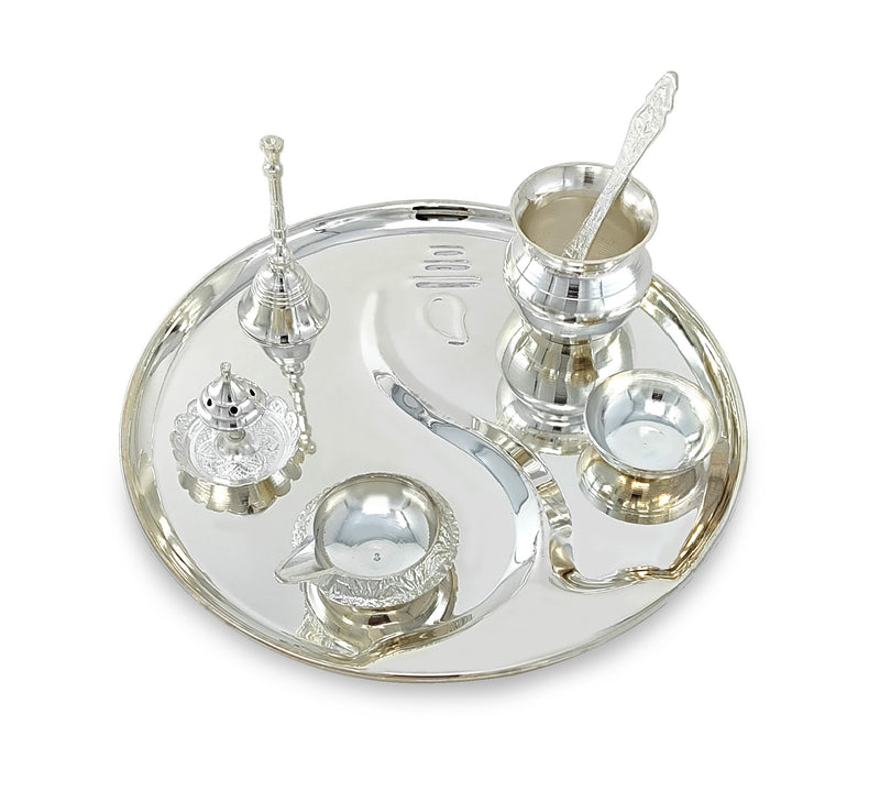 NOBILITY Pooja Thali Set Silver Plated with Red Gift Box Designed Puja Plate 22 CM Bowl Ghanti Kalash Spoon Dhup Dan Diya for Home Office Diwali Wedding Return Gift Items