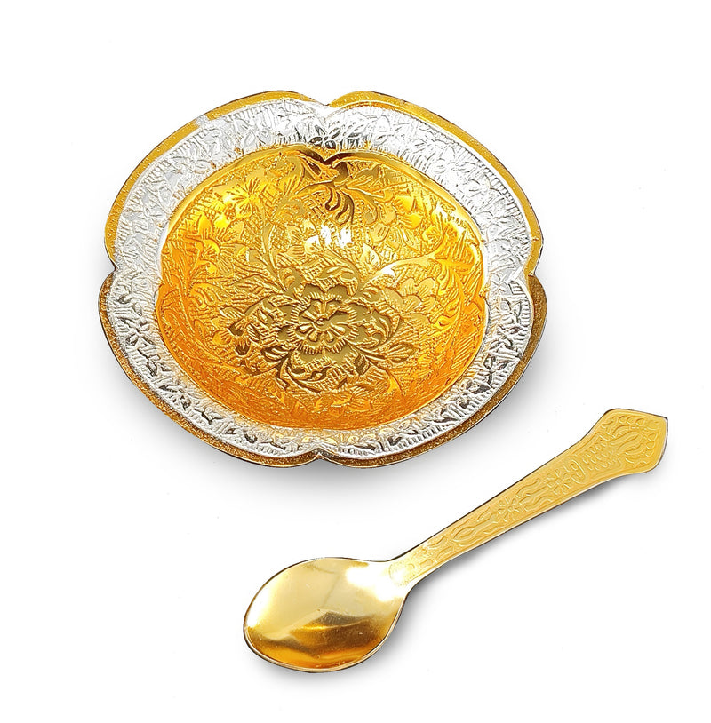 NOBILITY Bowl Spoon Set Gold and Silver Plated Leaf Shaped Designed with Velvet Box Dry Fruit Dessert Serving Sets Friends Family Home Decorative Corporate Gifts Wedding Return Gift