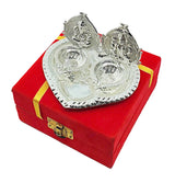 NOBILITY Silver Plated Diya with Red Velvet Gift Box Ganesh Lakshmi Design Idol Dia Pooja Items Diwali Decoration Puja Gifts Handmade Oil Lamp Traditional Indian Deepawali Gift Items